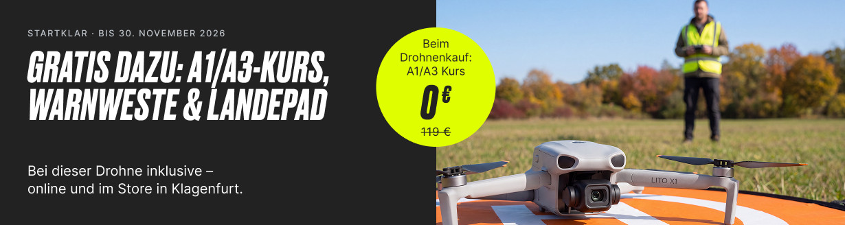 STARTKLAR-Aktion bis 30.11.2026: Gratis dazu A1/A3-Kurs der OneDrone Academy (Wert 119 €), Landepad und Warnweste Drohnenpilot